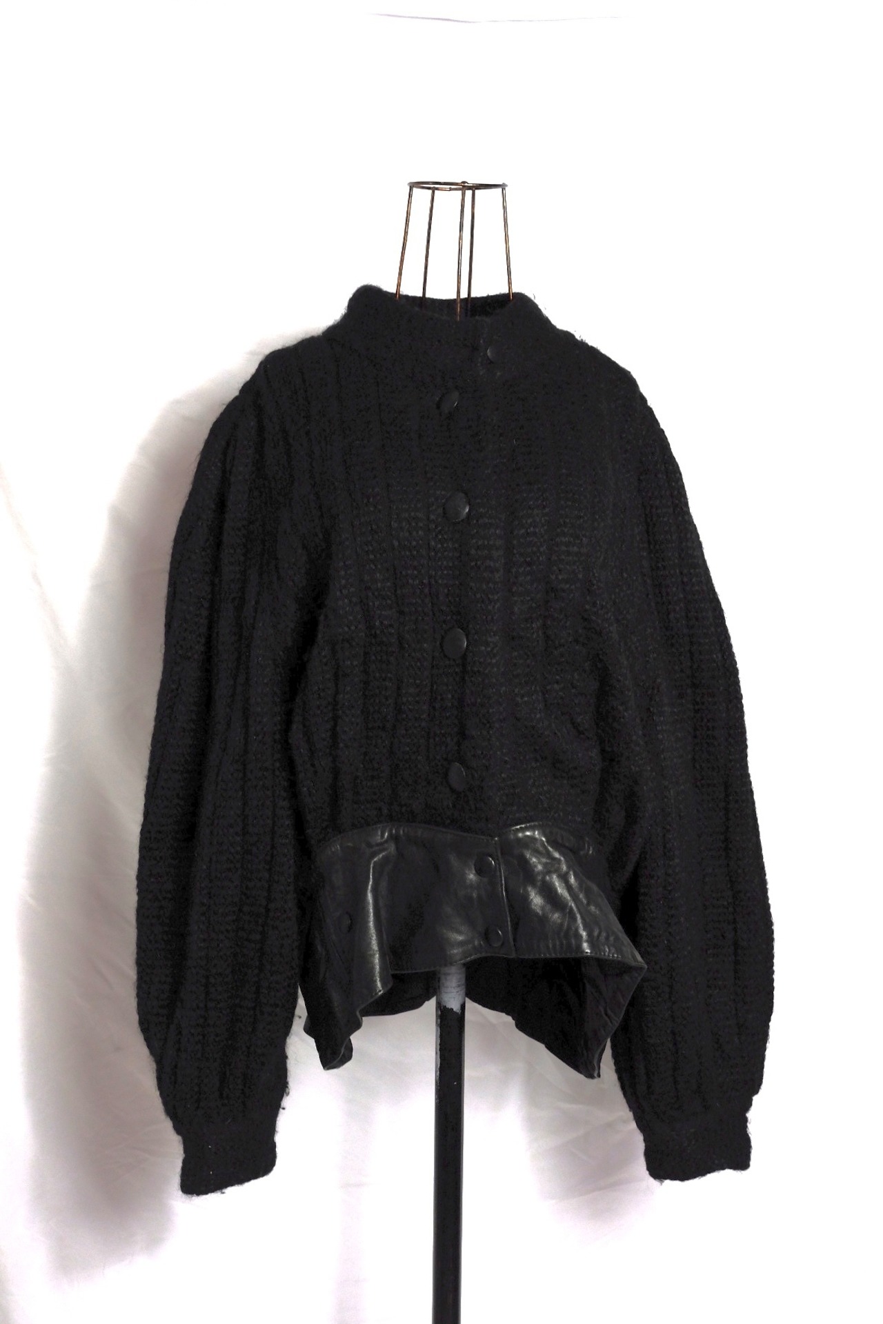Lather switching volume knit cardigan Made in Italy