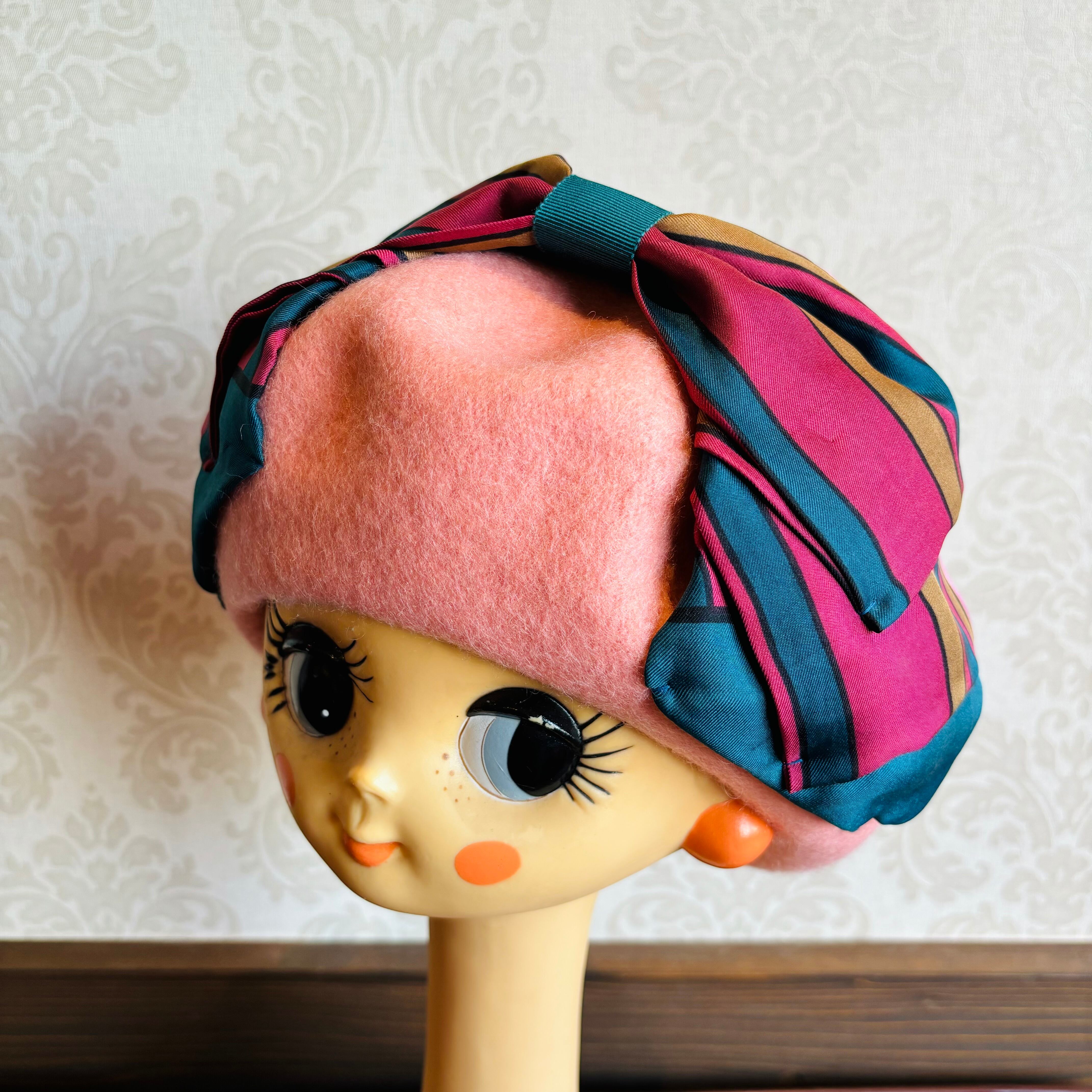 モアリボンベレー帽 ピンク×幾何学ストライプ | カラフルブティック モア