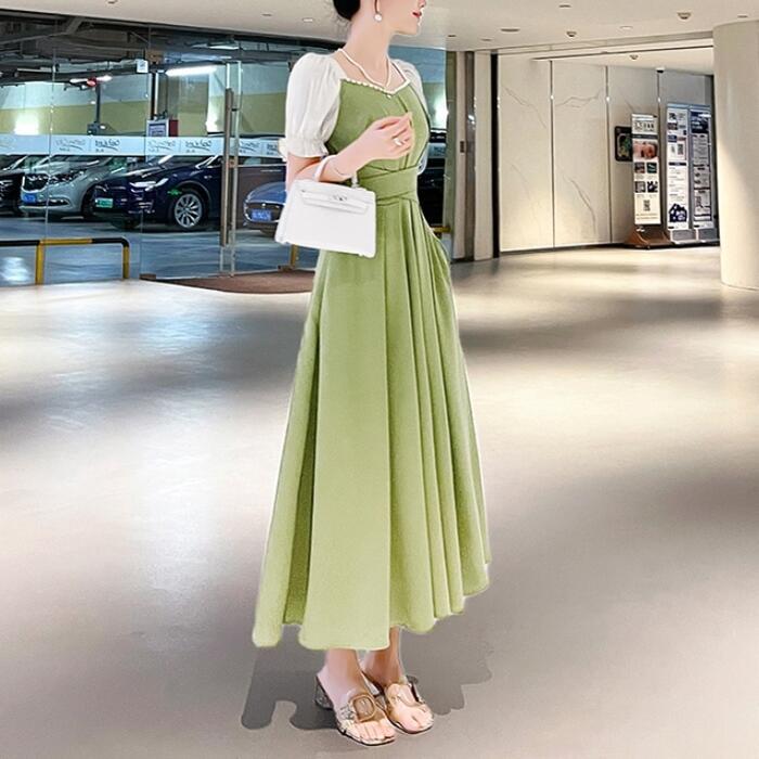 パフスリーブ ミモレ丈 パーティードレス 3色 エレガント 上品 全2種3色 大きいサイズ結婚式 ワンピース 袖あり パフスリーブ