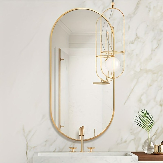 鏡 壁掛け オーバル ミラー 高級 ゴールデンフレーム バスルームミラー 高精細鏡面 抗酸化アルミ合金フレーム ドレッシングテーブルミラー 4-7