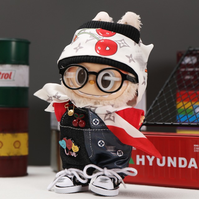 高級感あるこだわりコーデ！labubu ゴージャスで上質な ラブブ チェリーコーデ 7点フルセット - 1・2・3世代 15cm17cm兼用 スカーフ付き スタイリッシュ ドール服