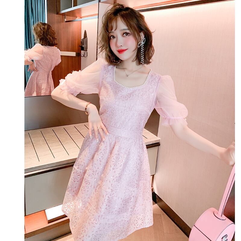 カラーメッシュジャカードウェストドレス サマー 夏物 スクウェア MIUCO7272855837