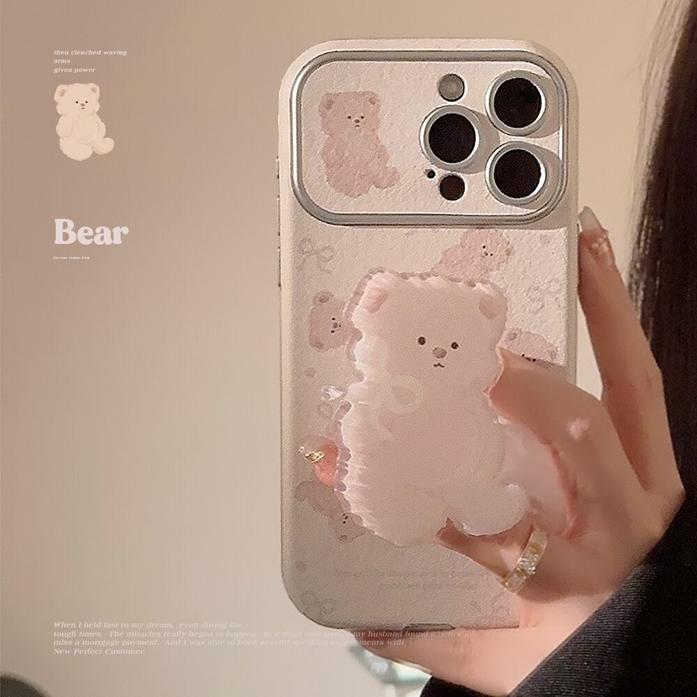 【新型iPhone15対応】癒しのテディベア◎ふわかわクマさん リボン ハンドグリップ Bear カメラ保護フレーム 熊 かわいい レザー調 スマホケース ND-15190