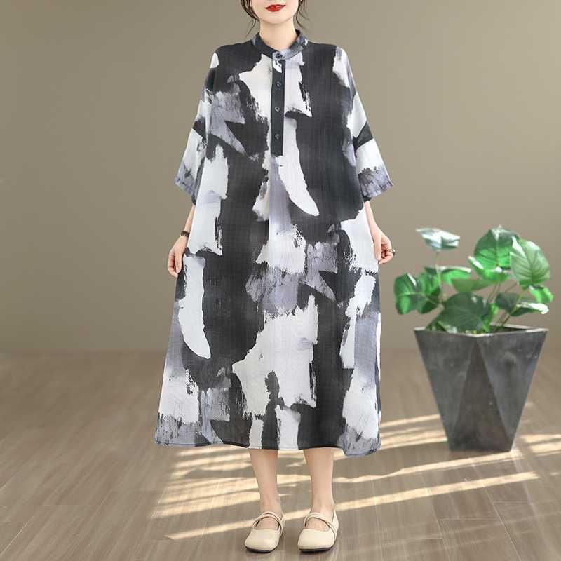 PRINT STAND COLLAR 3/4 SLEEVES MIDI SHIRT DRESS 1color M-16061