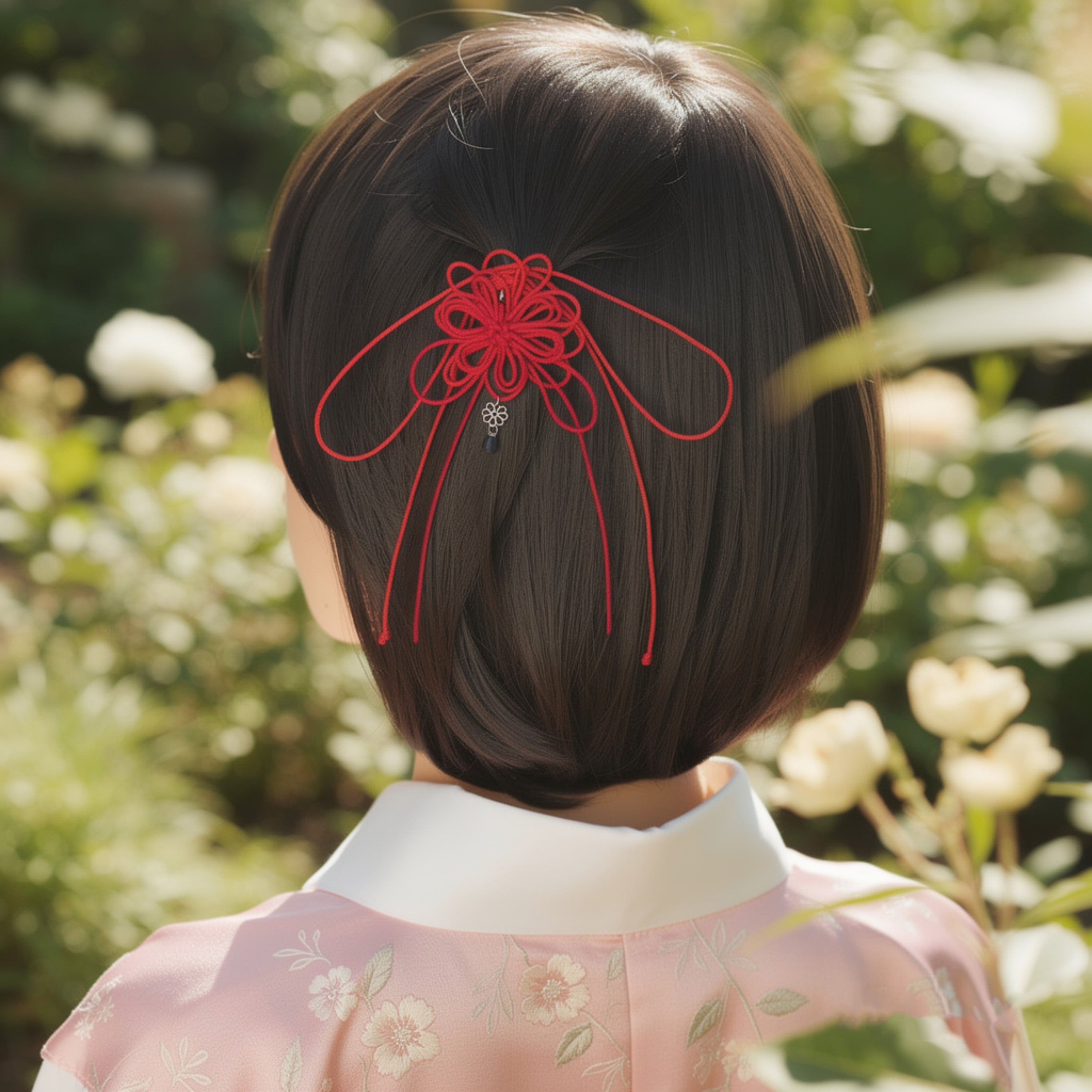 【新作】飾り結びヘアフック「艶ツナグ紅」(赤×朱)【軽量簡単和装ヘア】浴衣・着物にアレンジ自由なフックタイプの髪飾り。