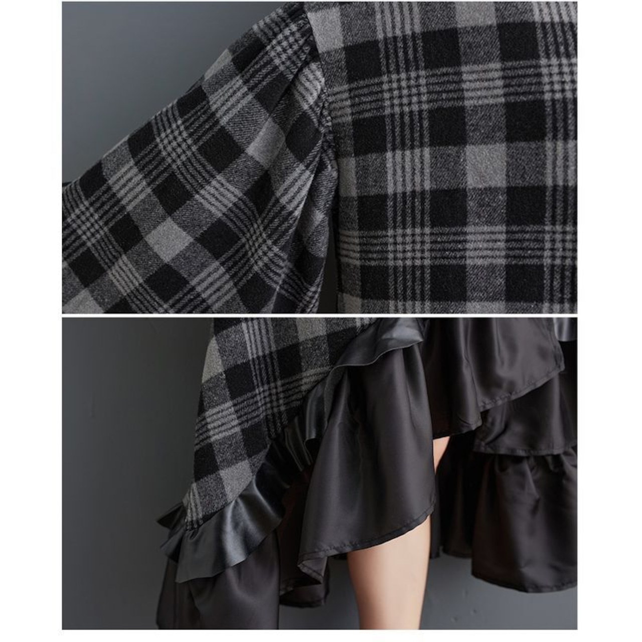 チェック柄 フリル ロングワンピース 60004