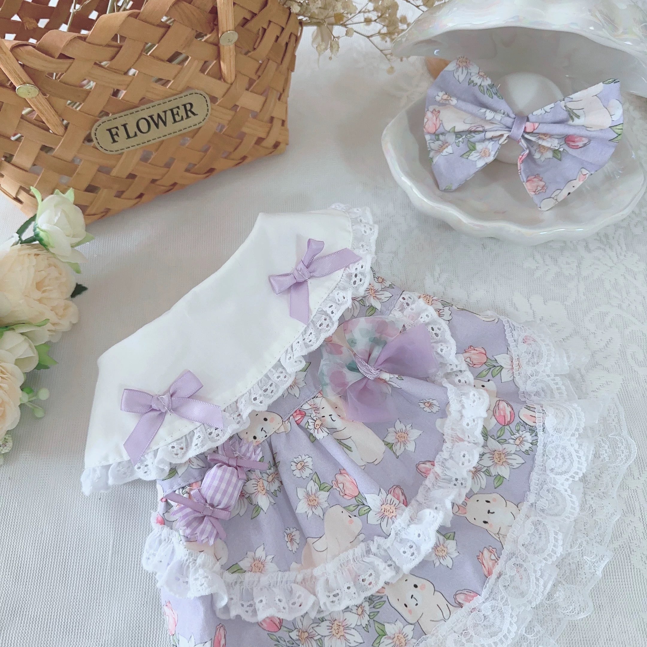 うさぎプリントのラベンダーワンピース 00382