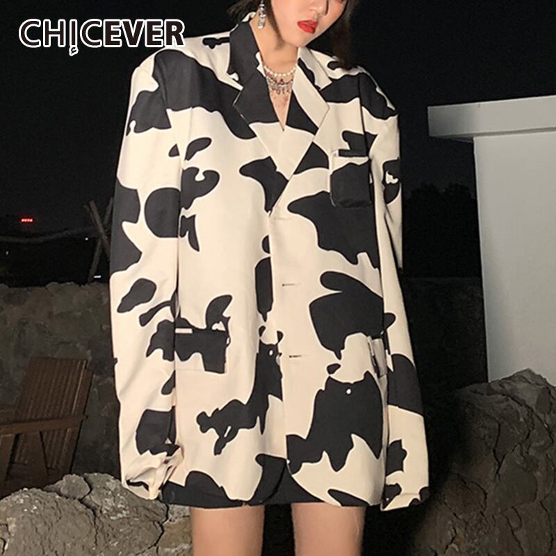 CHICEVER牛プリントブレザー女性ノッチカラー長袖ヒットカラーラージサイズコート2020春の潮 ロング 大きめサイズ スプリング 春物 6base528720289202