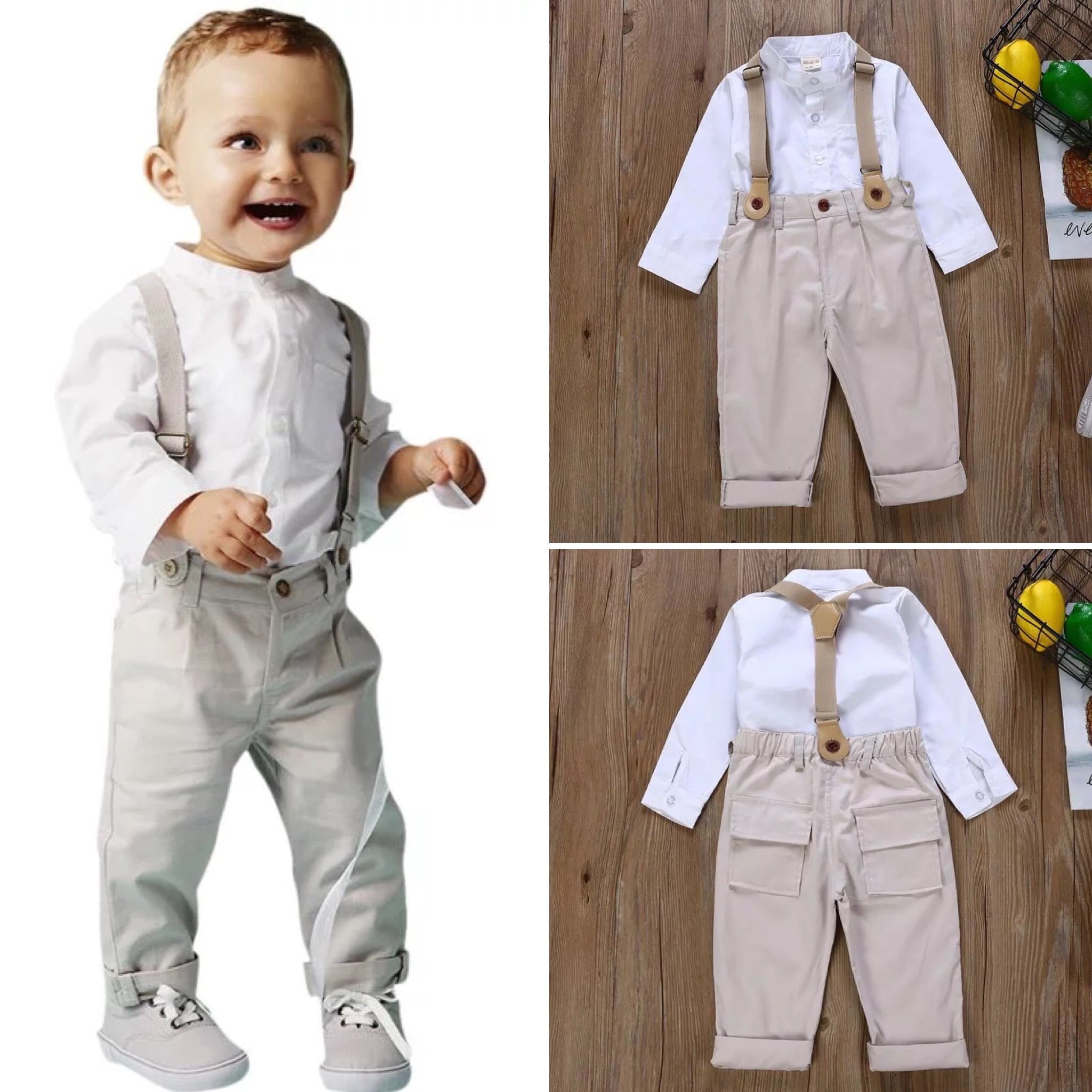 即納】ノーカラーシャツ&サスペンダー付きパンツセット 男の子セット服