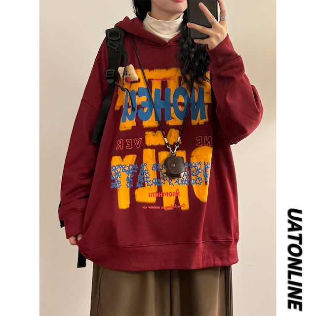 ♥裏起毛のアメリカンフーディー！【UATONLINEシリーズ】★パーカー★ ユニセックス 2color 裏起毛 トップス アルファベット 赤 紫