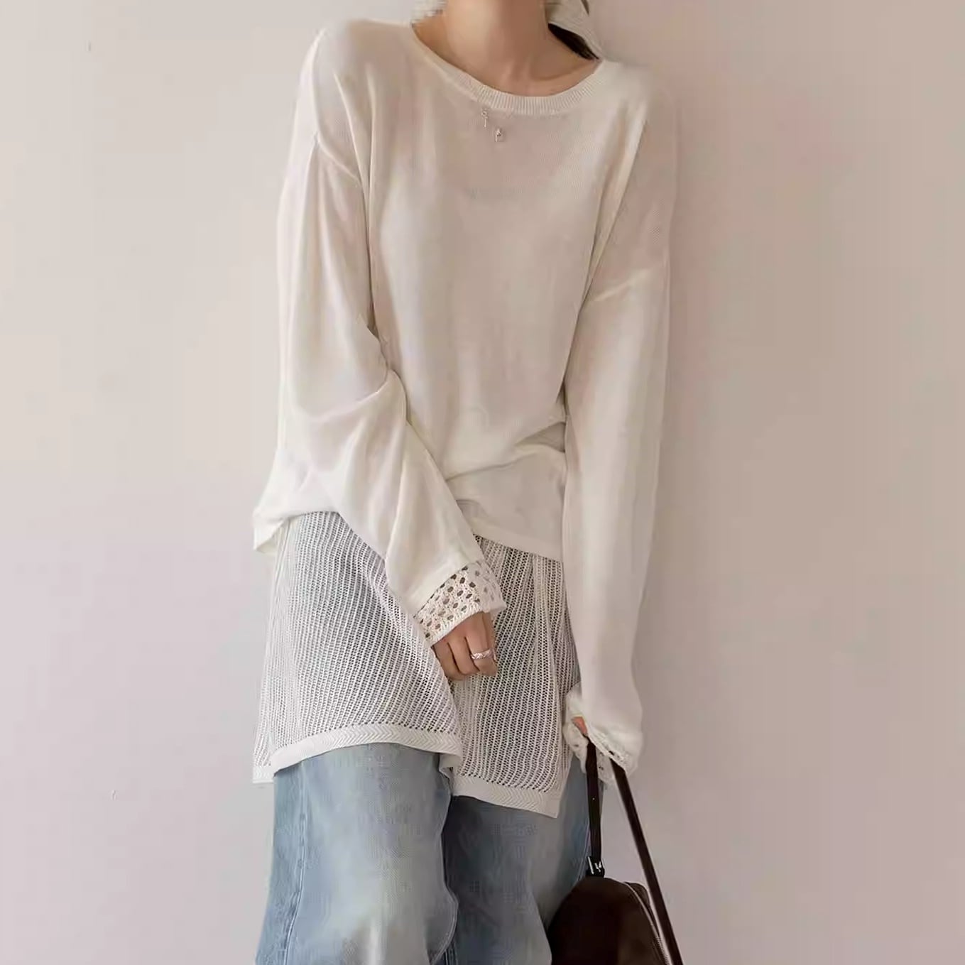 長袖 ヒップ丈 シアー ニットトップス&スカート 3color ATO0254