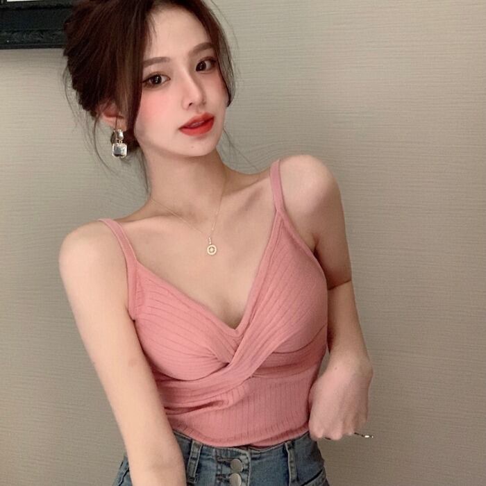 サマースタイルVネックレッドトップス ショートソリッド カラーレディース 夏物 ソリッドカラー ドラファッションホール79648465552