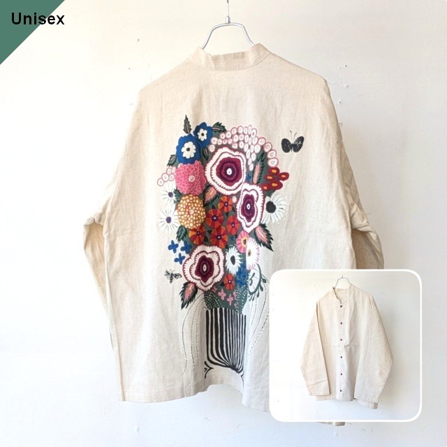 Bohemians 綿麻ブーケプリントスタンドカラーシャツ / C/L Bouquet Pop China-collar shirt