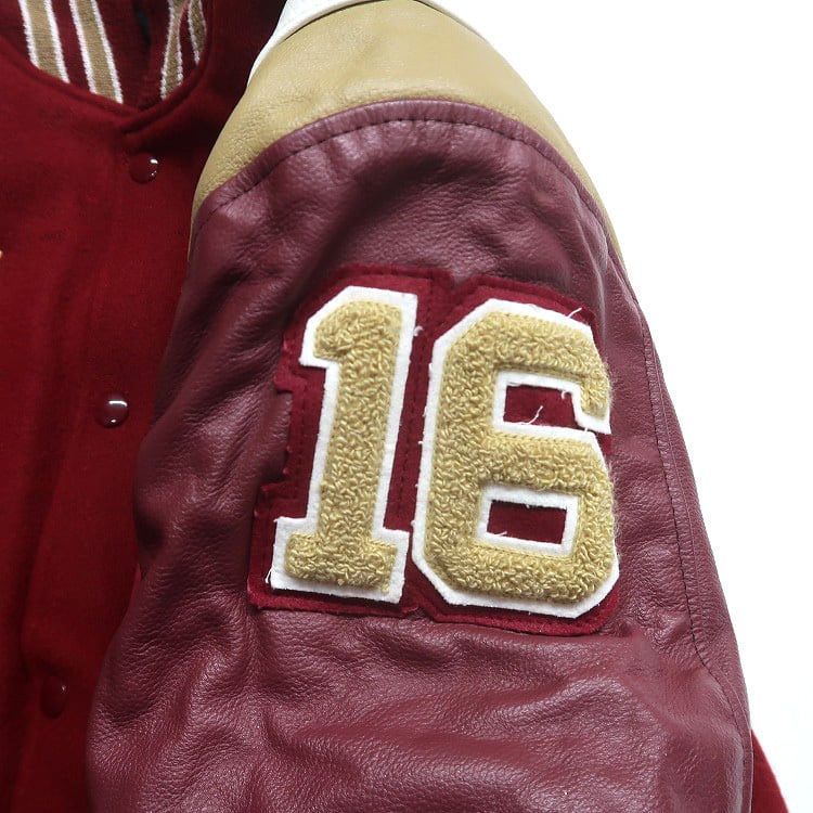 古着 Leader ウール スタジャン 袖レザー ワインレッド 表記：L