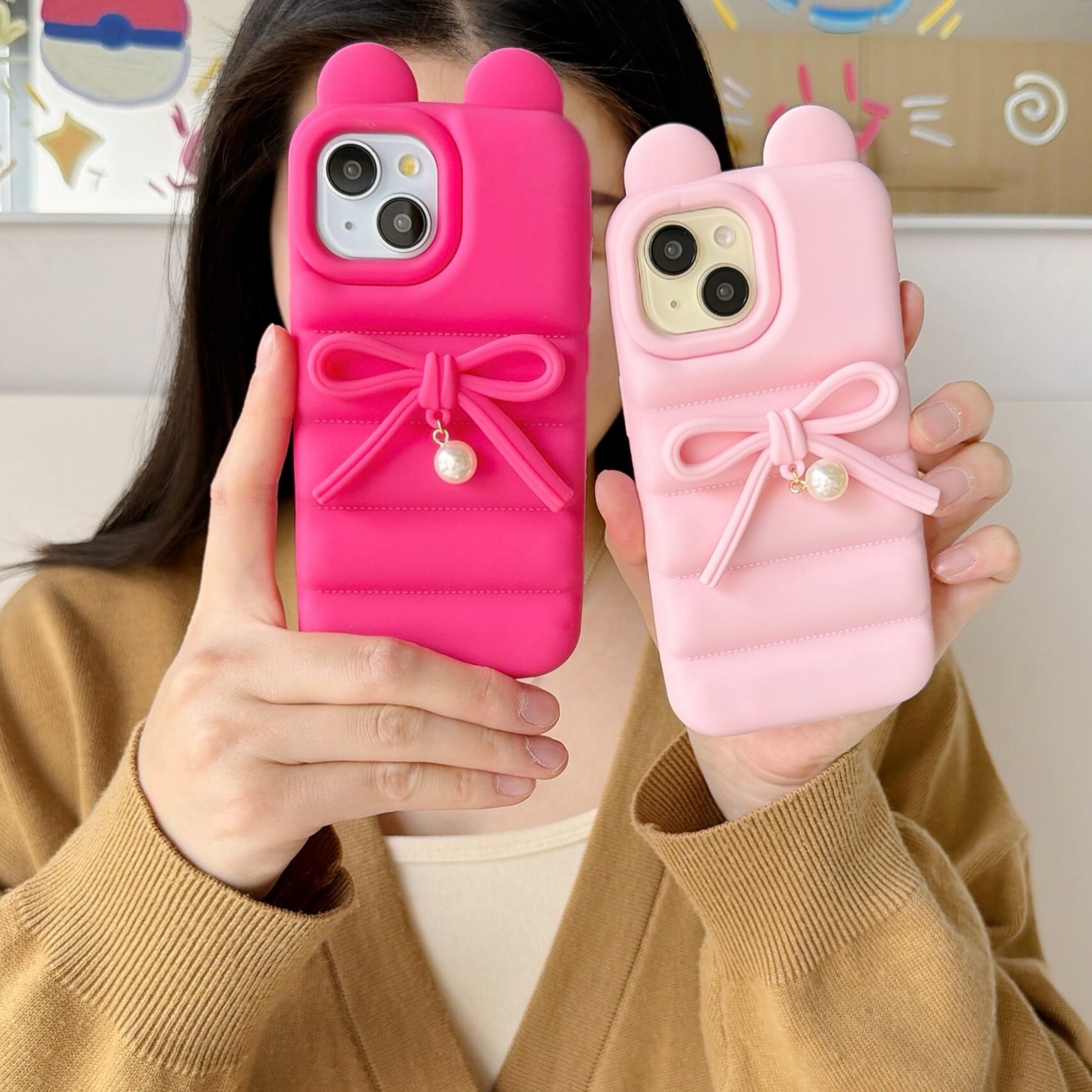 リボンとパールのiPhoneケース パール付き リボン iPhone 17 16 15 14 13 ケース シリコン かわいい