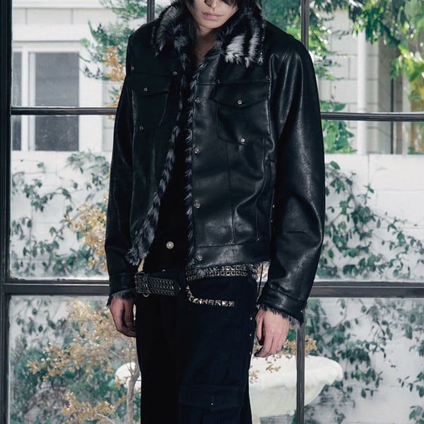 タイガーファーカラーレースアップPUレザージャケット(ruf_02763)