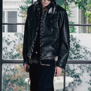 タイガーファーカラーレースアップPUレザージャケット(ruf_02763)