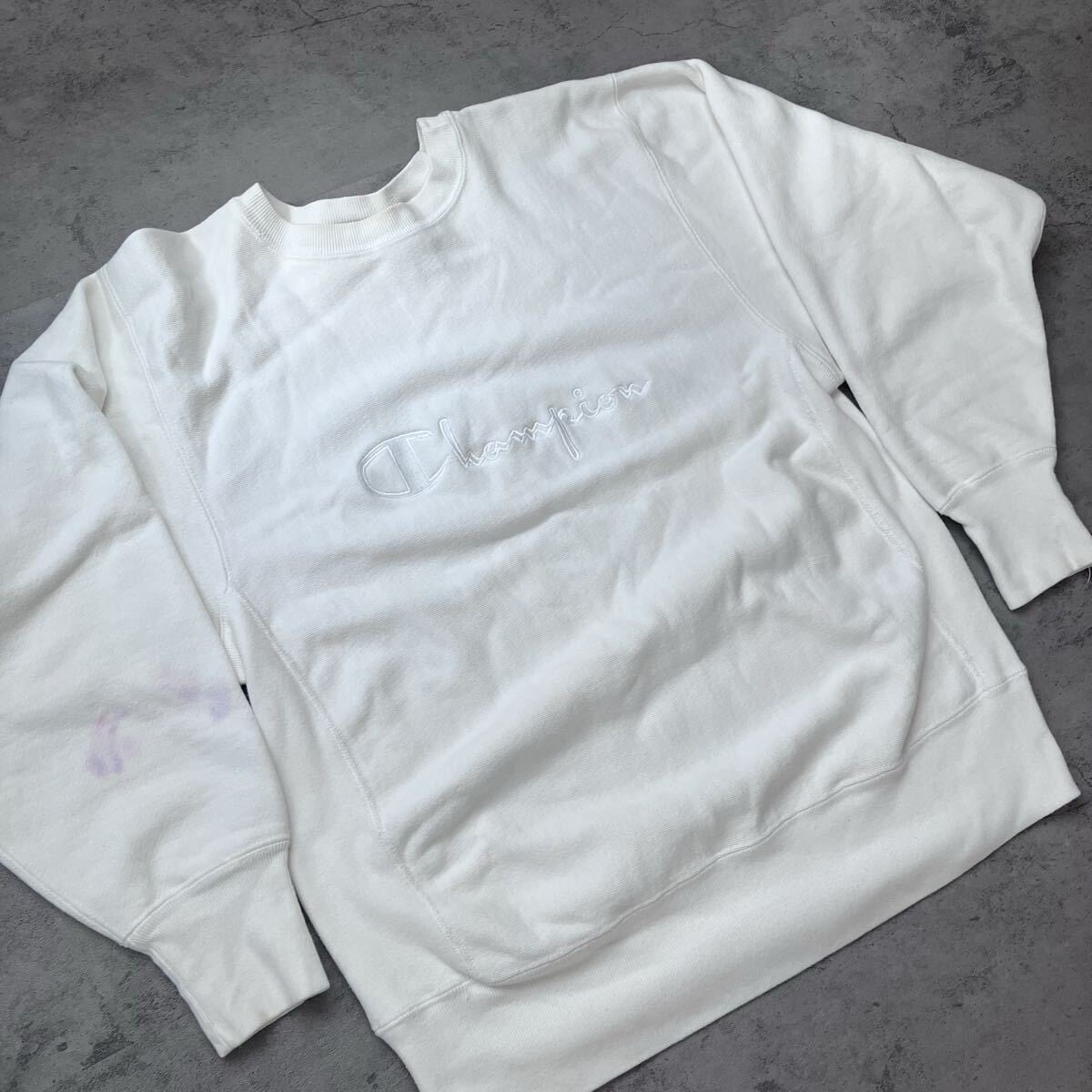 90s USA製 Champion Reverse Weave White on White 刺繍ロゴ L
