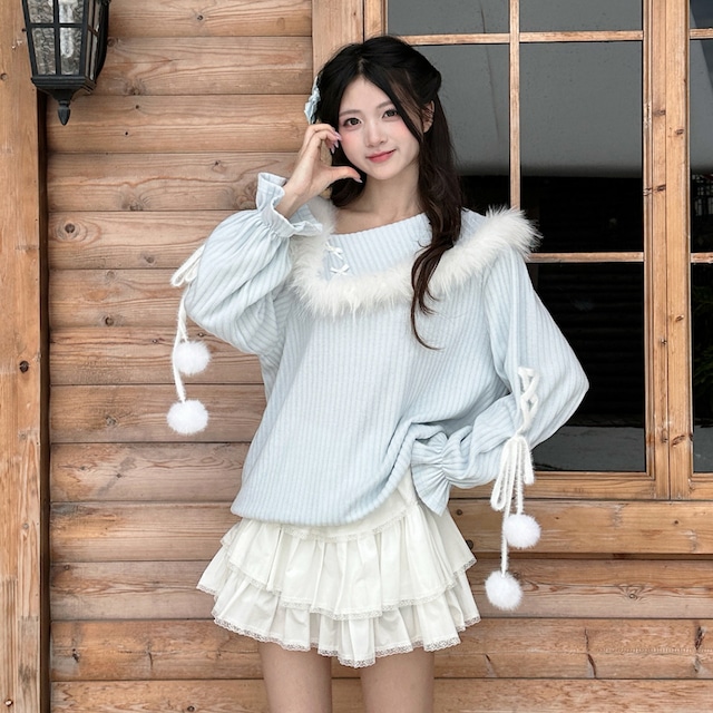 ガーリーオープンショルダーセーター＋ティアードスカートセット：スカート