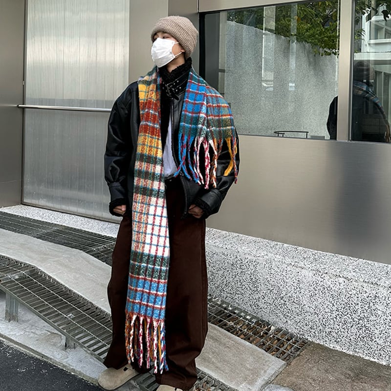 多色チェック柄フリンジマフラー R1DGEマルチチェック柄フリンジマフラー | mblueshop