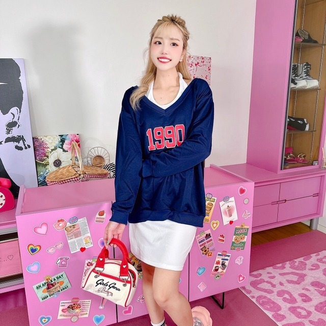 Navy♡トレーナーセットアップ/韓国/レディースファッション/可愛い/おしゃれ/ラフ/POP/ロゴ/重ね着/秋/冬（6‐152）