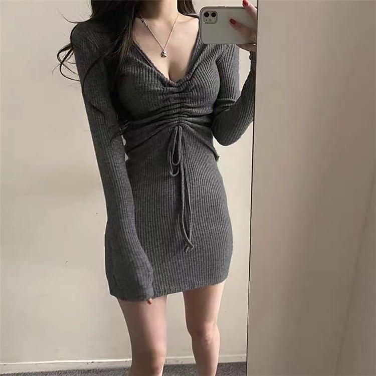 独特なシルエットに魅了される フォールド バンディング Vネック セクシー ニット ワンピース 女性 スリム