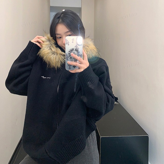 ★予約★D-678　2025秋冬新作♡ファー付きフードジップアップニットパーカー　ブラック