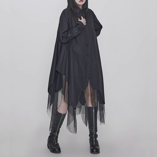 Irregular double layer mesh shirt dress C0397