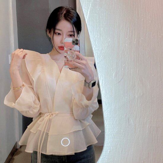 since thenキュート フリル シースルー 長袖 ショートブラウス