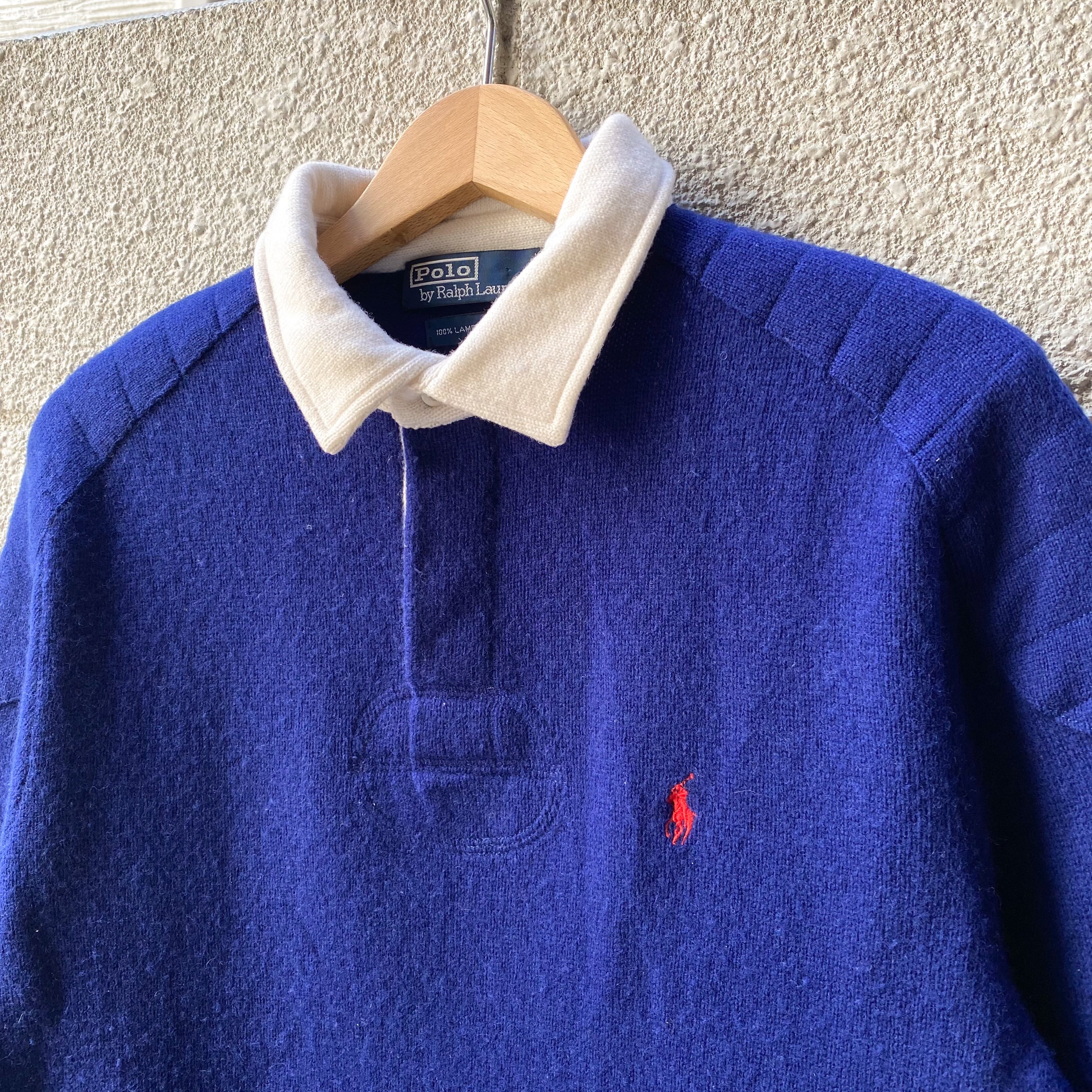 90's Polo Ralph Lauren Wool Knit Rugger Shirt S / ポロ・ラルフローレン ニット セーター ポロシャツ  ラガーシャツ 長袖 古着 ヴィンテージ