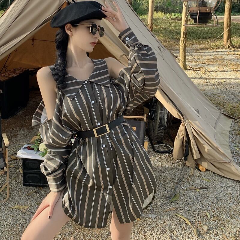 スタンダードスタイルルーズストライプドレス オータムストラップレスロングシャツ スカート レトロ 秋物 ハンチェンe70917309591