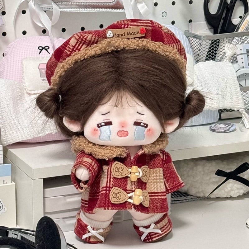 20cmぬい服】冬のふわふわ赤チェックコーデ 着せ替えぬいぐるみ 棉花