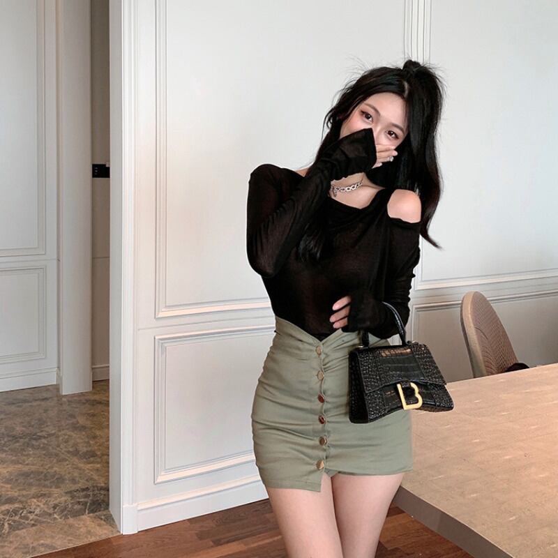 Tシャツ サマーブラックトップス ロング 夏物 オフショルダー ピュア ブラックストロベリース31014020803