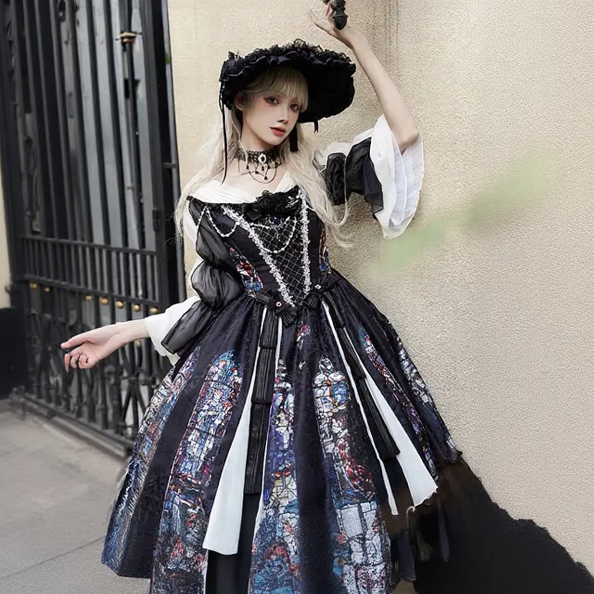〔ロリータ〕彩窓ゴシックロリータワンピース3点セット|ステンドグラス柄ワンピース+帽子+ネックレス