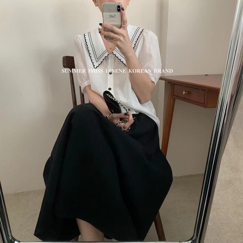 カラーレース薄手シャツ サマースタイル半袖スリーブトップス ショート ハーフスリーブ 夏物 ビッグFスモールZ韓国31801523560