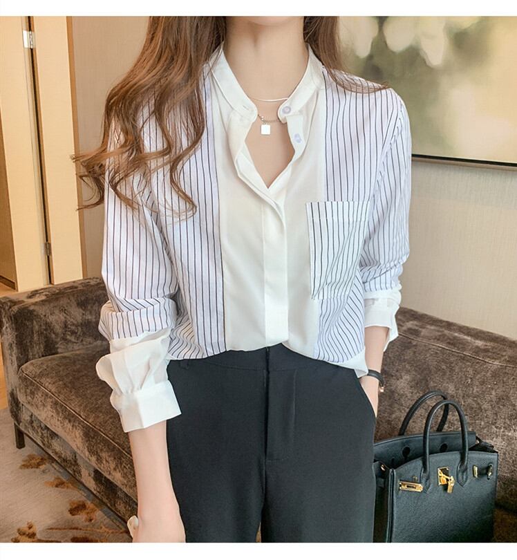 人気新作 ブラウス スタンドカラー 人気シャツ ストラップ柄 体型カバー レディーストップス オフィシャル