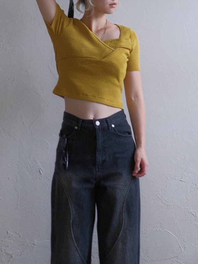 Cross Knit Short Sleeve Top / YELLOW