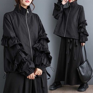 RUFFLED HIGH NECK ZIPPER SHORT LOOSE JACKET M-18812