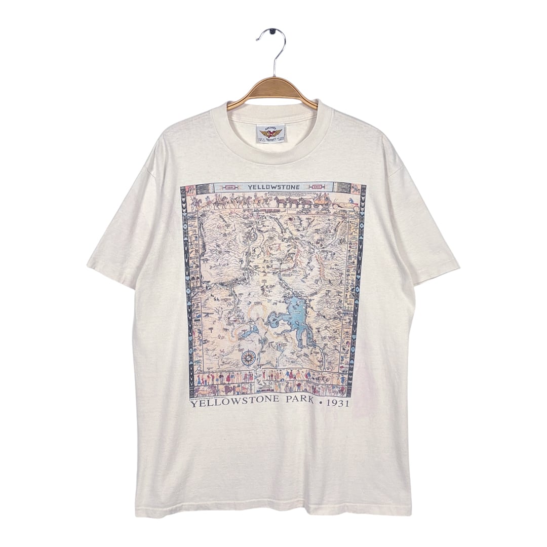 90s イエローストーン国立公園 USA製 ヴィンテージ Tシャツ 古地図 インディアン ベージュ シングルステッチ サイズL BZ0630