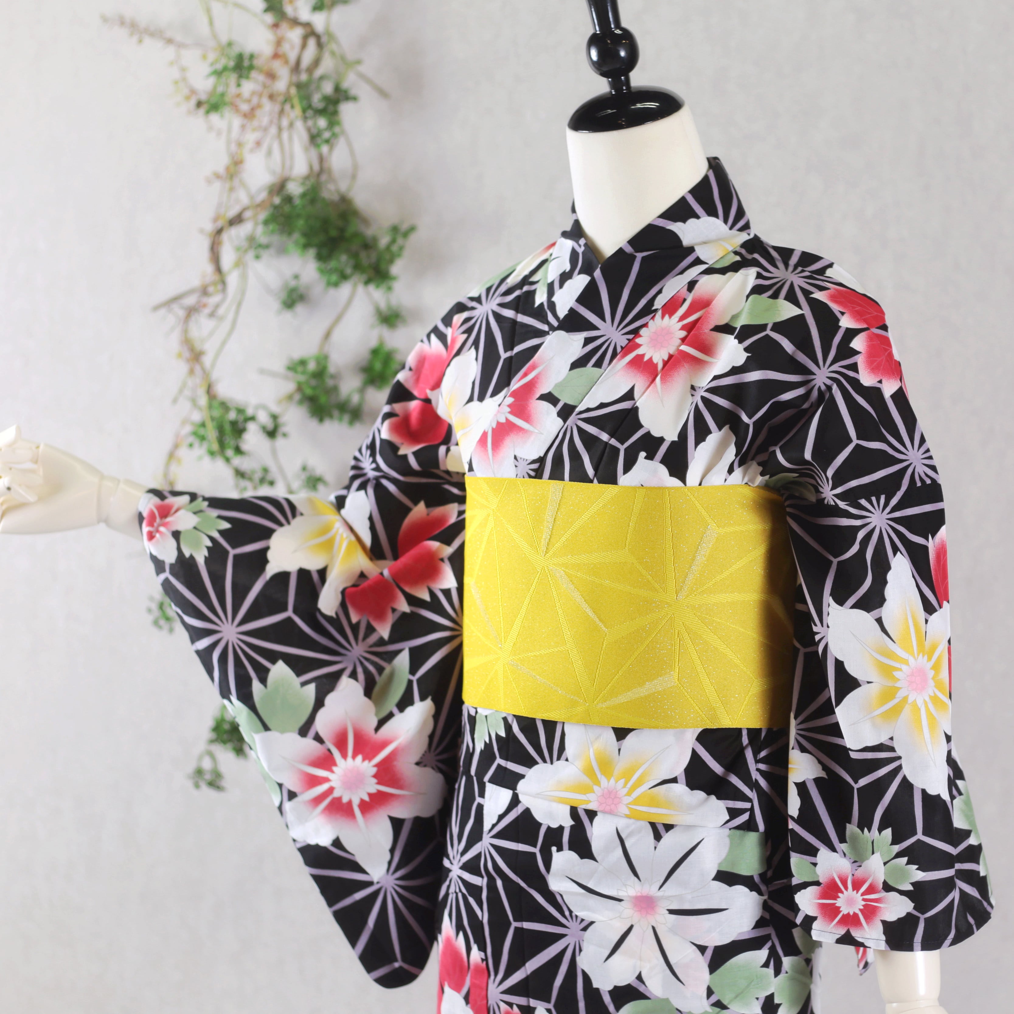 浴衣セット レディース 浴衣+作り帯 2点セット 花唐草/黒 4NT-36 お仕立上がり ゆかた yukata ゆかた帯紺色２点セット SOUBIEN（創美苑） 浴衣 レディース セット 浴衣セット 3点セット