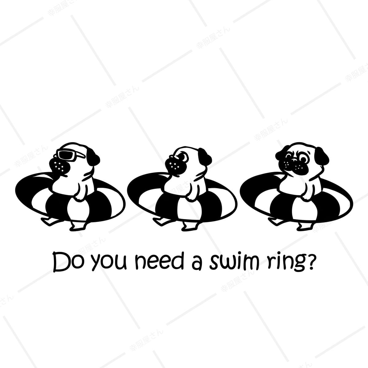 三つ子のパグ 海水浴 Tシャツ dog86 海 夏休み 犬 ブヒ ゆるい 手描きイラスト パグ 犬好き 犬服