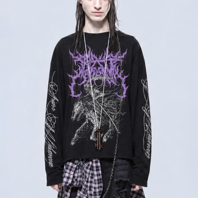 パープルゴシックグラフィックメタルロングスリーブTシャツ（ruf_03301）