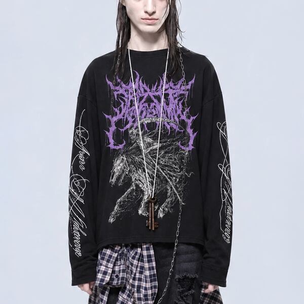 パープルゴシックグラフィックメタルロングスリーブTシャツ(ruf_03301)