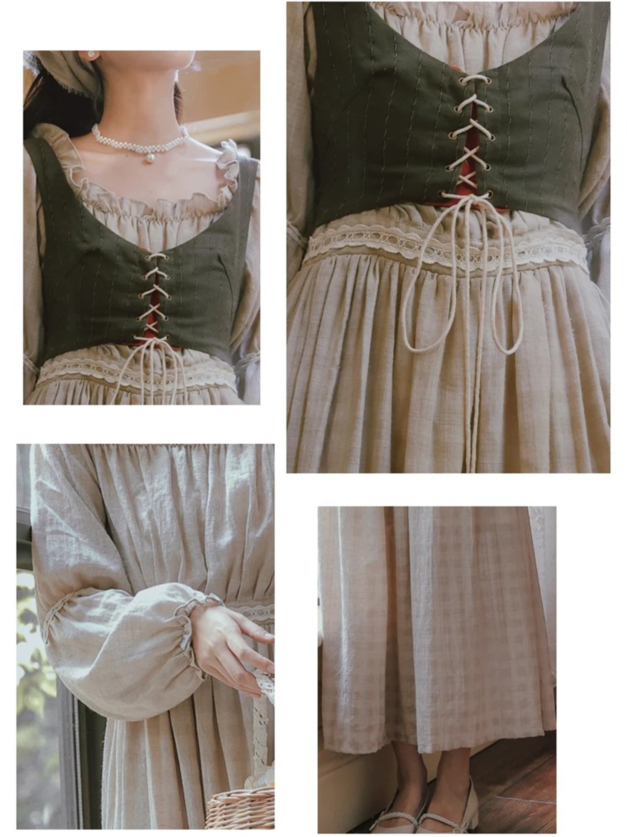 【0120】2sets Check Retro Long Sleeve Dress