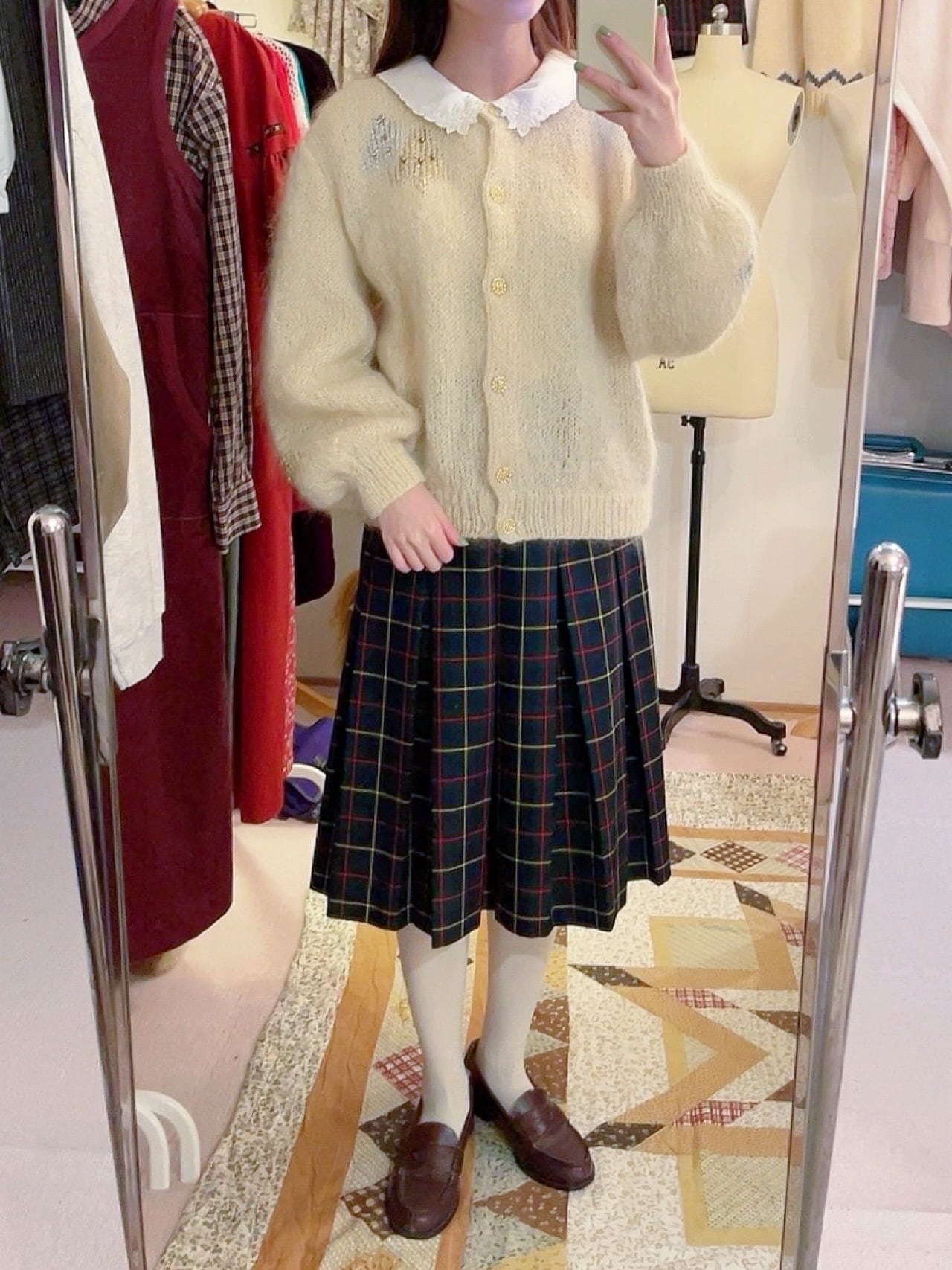 green check gold button skirt