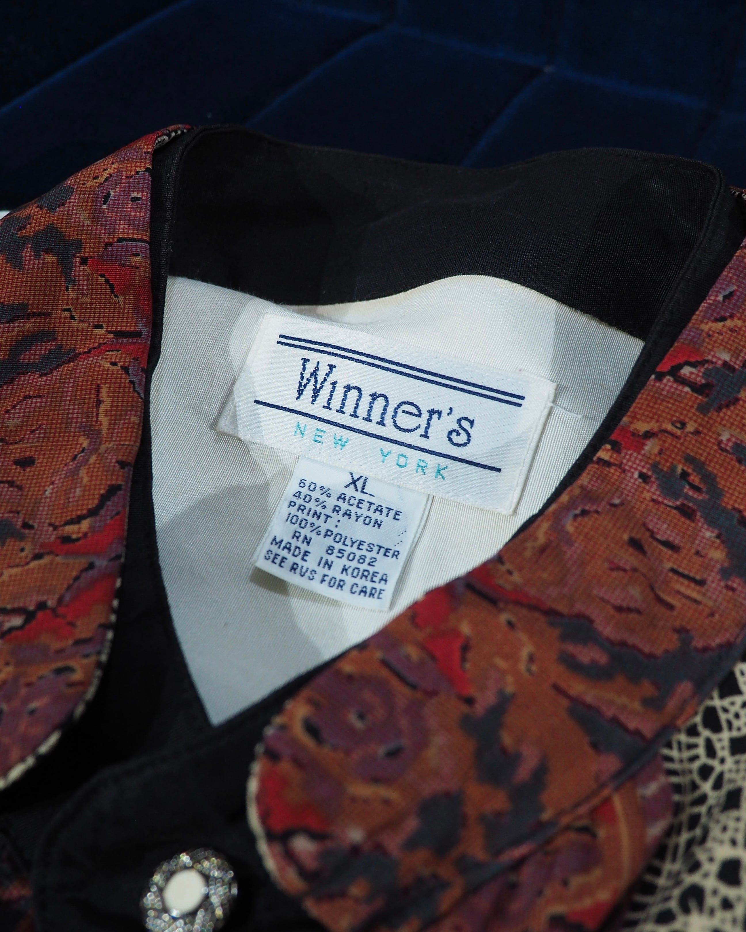 1980 - 90s Beautiful Arabesque × Crochet Lace pattern Switching vintage loose No collar shirt