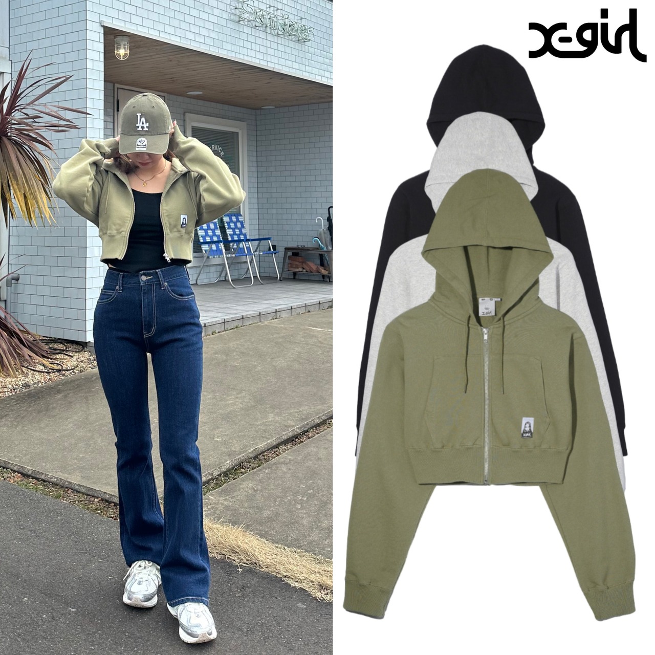 【X-girl】FACE COMPACT ZIP UP HOODIE【エックスガール】