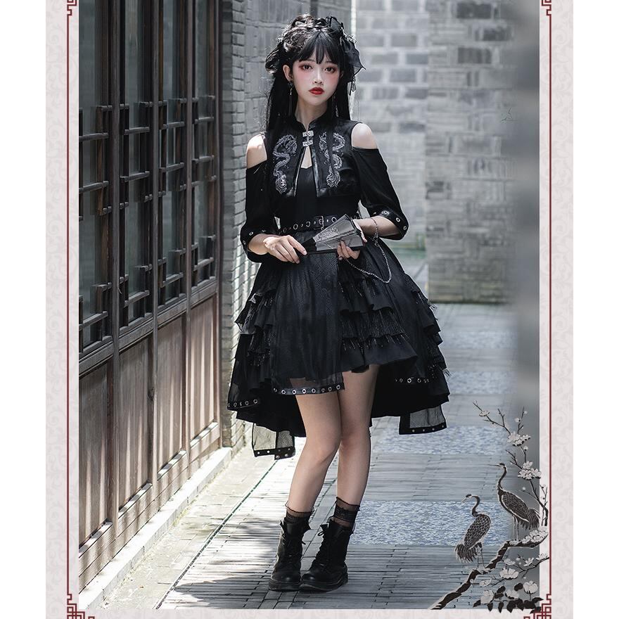 新商品 h.NAOTO FRILL FRILL 猫柄ハイウエストスカート h.NAOTO ひざ丈