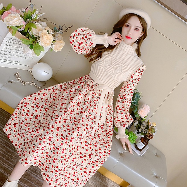 花柄コーデュロイワンピース ニット ハイネック ドッキング Aライン ハイウエスト ミモレ丈 長袖 秋冬 異素材mix フェミニン Op0495 Natuliria ナチュリリア