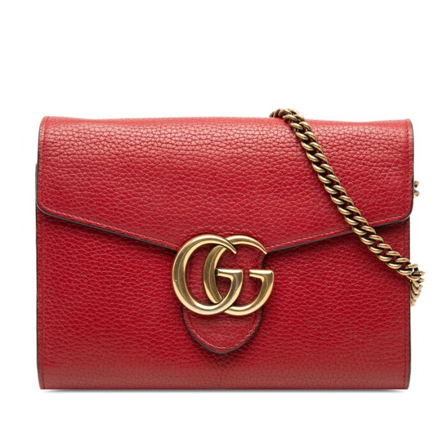グッチ GGマーモント 斜め掛け チェーン ショルダーバッグ GGロゴ 401232 レッド レザー レディース GUCCI 【中古】